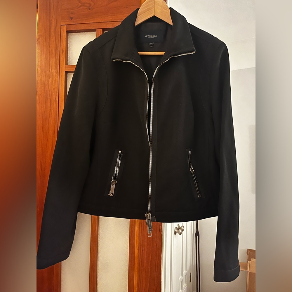 Burberry 00s Black Sleek Wool Women’s Jacket with Silver Zippers